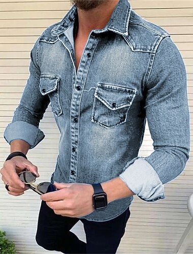  Per uomo Camicia di jeans Tinta unica Strada Giornaliero Nero Blu Reale Blu Grigio Manica lunga Colletto Primavera & Autunno Abbigliamento Bottone giù