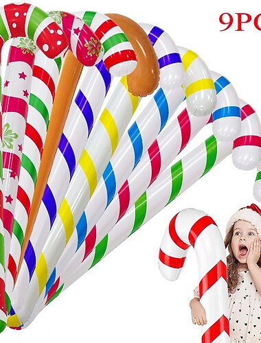 9 stk oppblåsbar jule peppermynte stokk, oppblåsbar stokk, ring leke juleunderholdning interaktiv fest oppblåsbar leke