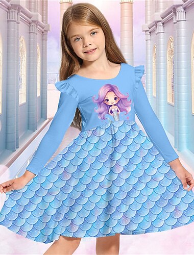  Girls ' 3D Sellő Fodros ruha Rózsaszín Hosszú ujj 3D nyomtatás Ősz Tél Vakáció Sport & Szabadtéri Napi aranyos stílus Alkalmi gyönyörű Gyerekek 3-12 év hétköznapi ruha A vonalú ruha Térd feletti