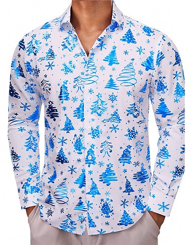  Herre Juletre Julescene Skjorte Hawaii skjorte Skjorte med knapper Langermet Fritid Jul utendørs Gate Høst vinter Aftæpning Knapper Trykt mønster Hvit Gul Rosa Rød Blå