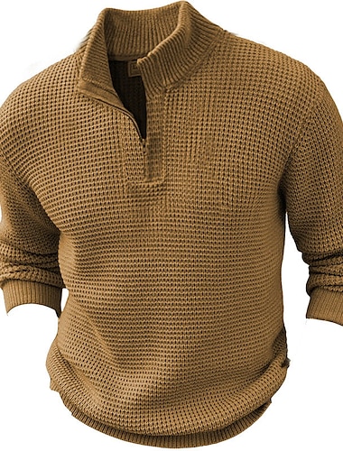  Men's Sweater Pullover Sweater Jumper Jumper Ribbed Waffle Knit Regular Knit Quarter Zip Plain Stand Collar Modern Contemporary Work Daily Wear Clothing Apparel Winter Black Khaki M L XL