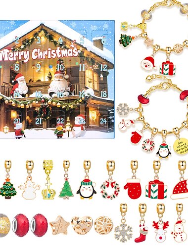  Calendario de adviento 2024 para niñas, calendario de cuenta regresiva con pulseras con dijes navideños para niños, calendario de cuenta regresiva de 24 cuadrículas para Navidad, pulsera sorpresa con