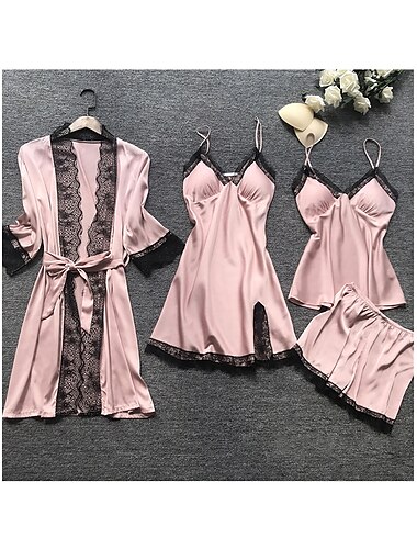  pyjamasset för kvinnor 4 stycken ren färg enkel avslappnad mjuk hem daglig säng polyester andas v wire långärmad dräkt topp shorts resår midja sommar vår hem outfits