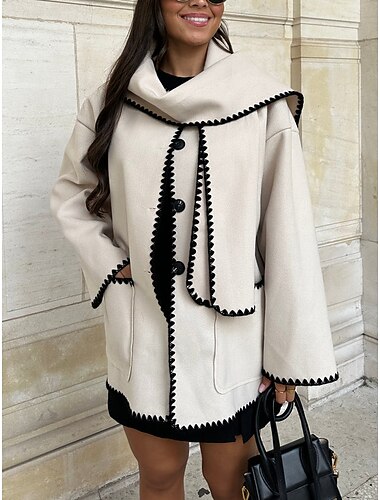  Damen Mantel warm halten Bestickt Tasche Elegant Klassisch Modern Feste Farbe Party Arbeit Freizeitskleidung Einreihiger Verschluss Standard Rundhalsausschnitt Lockere Passform Langarm Oberbekleidung