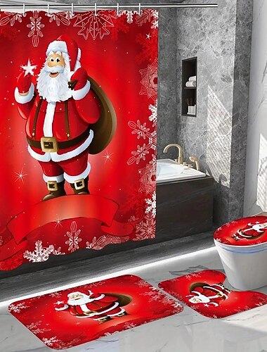  Cortina de chuveiro vermelha de papai noel para banheiro, feriado de natal, decoração de banheiro de inverno, tapete de tampa de vaso sanitário, tapete de banheiro antiderrapante, tapete em formato de u para vaso sanitário, almofada de cobertura de tampa