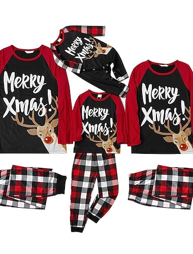  Mirada familiar Navidad Pijamas Algodón Graphic Hogar Estampado Rojo Manga Larga Trajes de mamá y yo Activo Trajes a juego