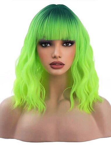  Pelucas verdes ombré para mujeres, peluca verde neón ondulada corta de 14 pulgadas con flequillo, pelucas cortas verde fluorescente para fiestas de cosplay, pelucas diarias, gorro de peluca incluido,