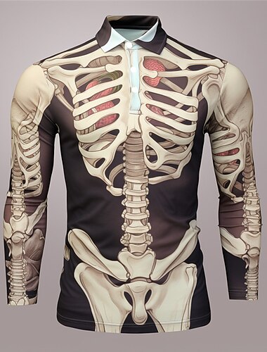  Мужская рубашка скелета Длинный рукав Поло Рубашки Классическая Абстрактная на открытом воздухе повседневный повседневный уличный 3D печать осень и зима Черный Красный Хаки