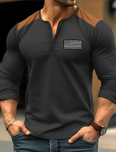  Herre T-skjorte med knapp Henly-skjorte T-skjorte Langermet skjorte Langermet Henley Vår & Vinter Fargeblokk Nasjonalflagg Mote Designer Grunnleggende Broderi Feriereise Gate Ut på byen Svart Hvit