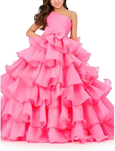  Princess Floor Length Flower Girl Dress Pageant & Performance Girls Cute Prom Dress Chiffon with Bow(s) Tiered Plisse Fit 3-16 Years