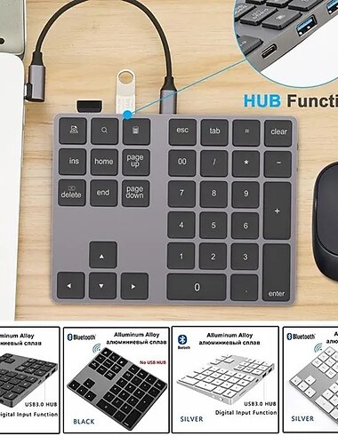  Clavier numérique sans fil bluetooth en alliage d'aluminium, avec hub usb, fonction d'entrée numérique, pour ordinateur portable windowsmac osandroid