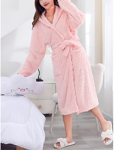  Pijamas de Lana para Mujer Albornoz Color Puro Felpa Confort Informal hogar Cama Diaria Franela cálida Sudadera con Capucha Manga Larga Otoño Invierno Blanco Rosa