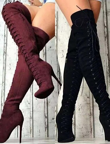  bottes à lacets au-dessus du genou pour femmes - talons aiguilles noirs et bordeaux pour la mode hivernale et les sorties nocturnes