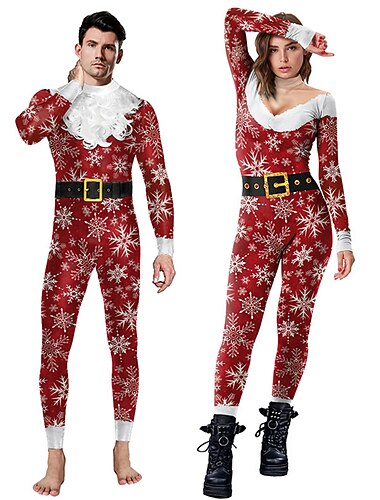  Дед Мороз Mrs.Claus Комбинезоны Муж. Жен. Рождество Маскарад Рождественский сочельник Одинаковые семейные наряды Взрослые Для вечеринок Рождество Комбинезон-пижама