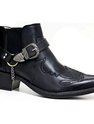  bottes de moto western en similicuir noir pour hommes avec sangle à boucle et détails brodés - bottines pour motard et tenue décontractée
