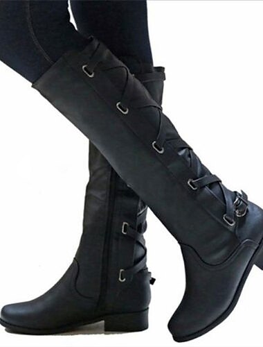  Schwarze Motorradstiefel für Damen mit seitlicher Schnürung und Schnallendetail – stylische Reitstiefel mit hohem Knie