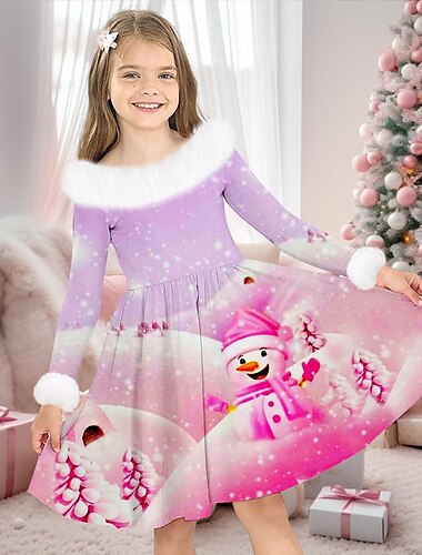  Mädchen' 3D Weihnachtsmann Schneemann Schneeflocke Kleid Langarm 3D-Druck Herbst Winter Sport & Natur Täglich Festtage Kuschelig Brautkleider schlicht Schön kinderkleidung 3-12 Jahre Casual kleid