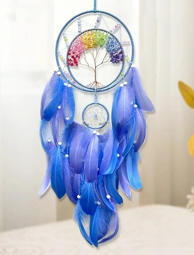  Vida del árbol atrapasueños regalo hecho a mano con gancho de pluma azul flor carillón de viento adorno colgante de pared decoración arte boho