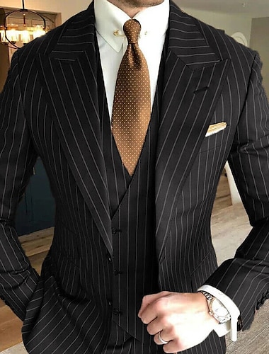  Black Blue Men's Pinstripe Wedding Suits 3 Piece Tailored Fit Single Breasted Two-buttons 2024