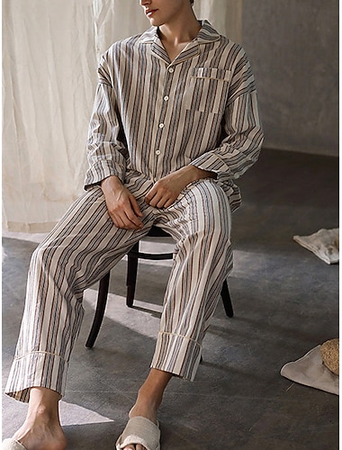  Hombre Ropa de salón Pijama Conjunto pijama Top y pantalón de pijama 2 Piezas Raya Elegante Casual Confort Hogar Diario Cama Poliéster Comodidad Suave Diseño Manga Larga Camisa Pantalón Correa