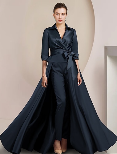 Ensemble de deux pièces combinaison  pantalon mère de la mariée invitée de mariage formelle élégante col chemise longueur cheville satin manches demi avec nœud(s) 2025 taille sur mesure gratuite