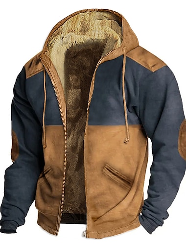  Men's Full Zip Hoodie Hoodie Jacket Sweat Jacket Fuzzy Sherpa Light Khaki. Dark Green Orange Khaki Hooded Color Block Sports & Outdoor Daily Holiday Streetwear Cool Casual Fall Winter Clothing Apparel