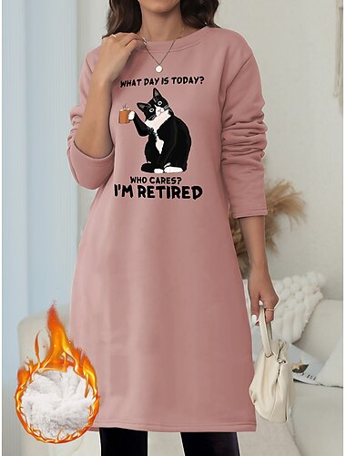  Γυναικεία Φόρεμα φούτερ Μίνι φόρεμα Sherpa Fleece Lined Ζεστό ΕΞΩΤΕΡΙΚΟΥ ΧΩΡΟΥ Διακοπές Εξόδου Λαιμόκοψη Στάμπα Γάτα Γράμμα Κανονικό Ανθισμένο Ροζ Θαλασσί Γκρίζο Τ M L XL XXL