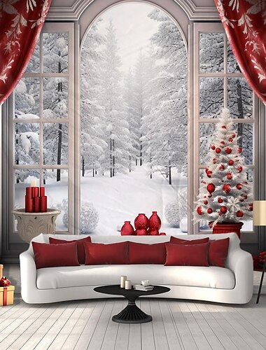  クリスマス デコレーション ツリー 窓 冬 吊り下げ タペストリー 壁アート クリスマス 大型タペストリー 壁画 装飾 写真 背景 ブランケット カーテン 自宅 寝室 リビングルーム 装飾