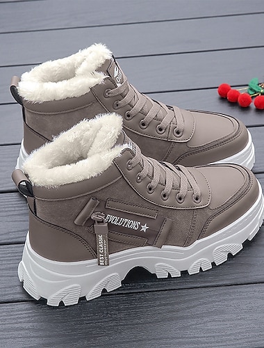  Women's Sneakers Boots Snow Boots Dad Shoes Daily Solid Color Fleece Lined Booties Ankle Boots Winter Embroidery Flat Heel Round Toe Casual Minimalism Running Walking PU Lace-up Black Brown Gray