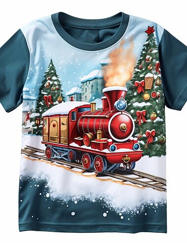  julegutter 3d togskjorte t-skjorte kortermet 3d-utskrift høst aktiv sport mote polyester barn 3-12 år utendørs casual daglig normal passform