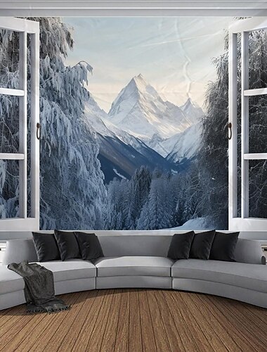  venster sneeuwberg hangend tapijt kunst aan de muur groot tapijt muurschildering decor foto achtergrond deken gordijn thuis slaapkamer woonkamer decoratie