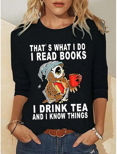  Mulheres Camiseta Corujas Letra Moda Manga Longa Decote Redondo Tops regulares Diário Final de semana Imprimir Preto Vermelho Azul Verde Cáqui Primavera & Outono Primavera / Outono / Inverno / Verão