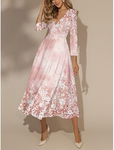  Dames Halflange jurk Swingjurk Semi-formele jurk A lijn jurk Jurk met print Modieus Streetwear Modern Formeel Buiten Vakantie Normale pasvorm Bloemig 3/4 mouw V-hals Blozend Roze Herfst Winter