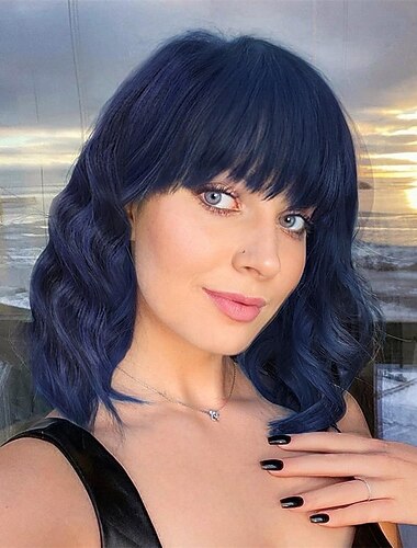  Peluca ondulada corta con flequillo para mujer, longitud hasta los hombros, pelucas sintéticas rizadas bob para mujer con cabello ondulado natural negro a marrón resistente al calor para uso diario