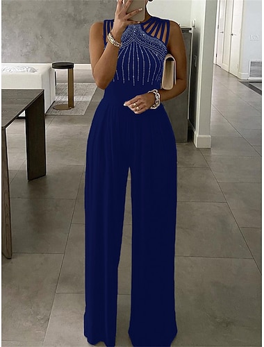  Women's Jumpsuit High Waist Cut Out Solid Color Round Neck Elegant Wedding Party Slim Sleeveless Black Red Blue S M L Fall