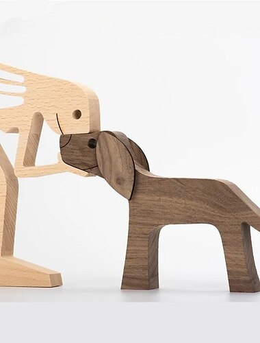  Hölzerner Mann-Hund-Schnitzschmuck, Heimbüro-Schreibtisch, Holzhund-Schnitzdekoration, Holzschnitzerei-Dekoration