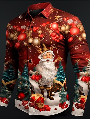  christmas menns christmas animal printed skjorter julenissen casual daglig slitasje går ut høsten &amp; vinter turndown langermet mørkerød, svart, rød s, m, l skjorte i 4-veis stretchstoff