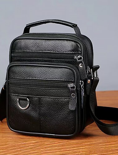  Men's Black Leather Crossbody Messenger Bag – Multi-Pocket Shoulder Bag with Zipper Closure for Work, Travel & Daily Use
