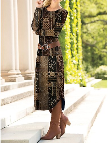  Damen Midikleid Winterkleid Ethnokleid Druckkleid Vintage Ethnisch Tribal Outdoor Urlaub Täglich Lässiger Schnitt Geometrisch Farbblock Stammes Langarm Rundhalsausschnitt Braun Khaki Grau Herbst