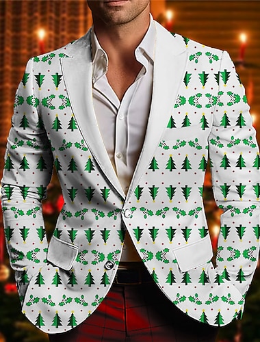  blazers imprimés sapin de Noël pour hommes, manteau d'affaires, blazer, chaud, respirant, confortable, vêtements de travail pour le travail, sortie, boutons, imprimés, multi-poches, coupe régulière,