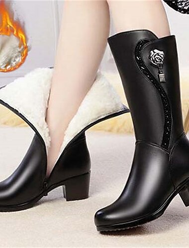  Women's Boots Snow Boots Plus Size Heel Boots Outdoor Work Daily Solid Color Fleece Lined Knee High Boots Winter Flower Block Heel Chunky Heel Round Toe Plush Casual Comfort Faux Leather Zipper Black