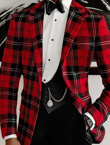  Veste blazer décontractée à carreaux pour hommes, grande taille, coupe ajustée, à carreaux, simple boutonnage, deux boutons, rouge, 2024