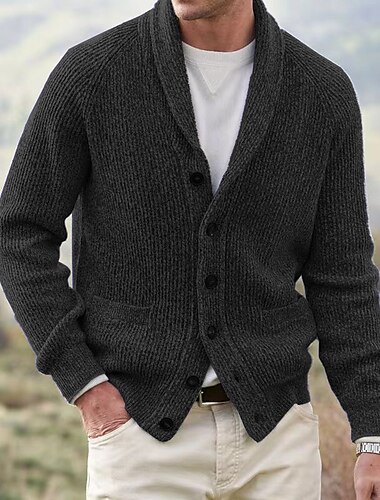  男性用 ニット カーディガンセーター クロップドセーター リブ ニット ボタン ニット 純色 ショールカラー ベーシック カジュアル 日常 祝日 衣類 秋 冬 ブラック ネイビーブルー S M L
