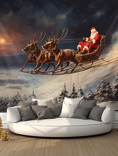  زينة عيد الميلاد سانتا الرنة زلاجة معلقة نسيج جداري فني عيد الميلاد نسيج كبير جدارية ديكور صورة خلفية بطانية ستارة غرفة نوم المنزل غرفة المعيشة ديكور