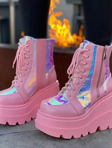  Damen Stiefel Plateaustiefel Übergrössen Demonia Stiefel Party Täglich Farbblock Stiefeletten Stiefeletten Plattform Keilabsatz Punk Modisch Gothic PU Schwarz Weiß Rosa