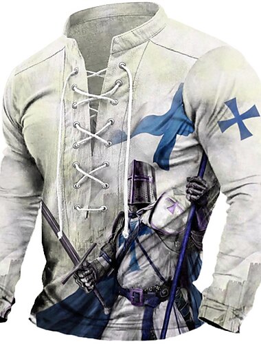  Herren Tempelritter Grafik-Drucke Grafischen T-Shirt Langarm T-Shirt Hemd Modisch Designer Brautkleider schlicht Outdoor Urlaub Freizeitskleidung Blau Grün Khaki Frühling & Herbst Bekleidung S M L XL