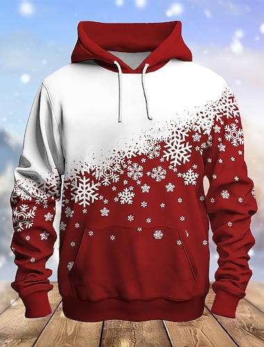  Sudadera con capucha navideña para hombre, con estampado 3D de copos de nieve, con estampado 3D, para deportes al aire libre, vacaciones, con capucha de manga larga, color rojo y azul, con bolsillo