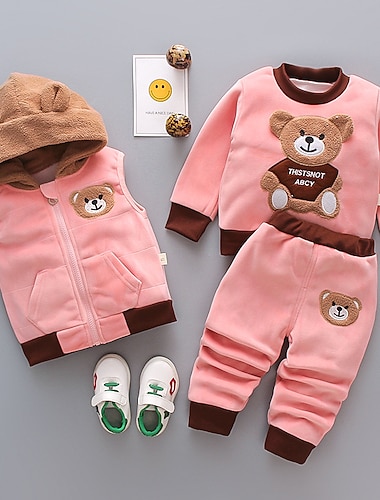  3 Stück Baby Mädchen Graphic Zip Hosenanzug einstellen Langarm Aktiv Formal Baumwolle 3-7 Jahre Frühling Rosa Leicht Braun Khaki