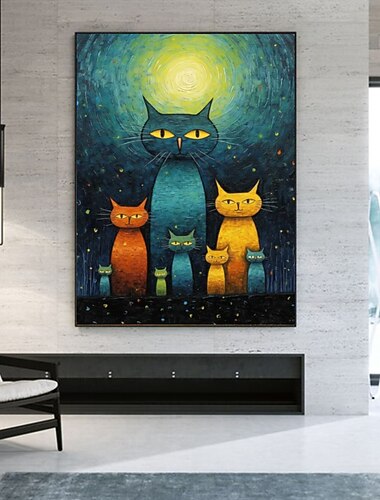  pintura a óleo handmateteladecoração de arte de paredepintura abstrata com facaestilo van gogh gato estreladopara decoração de casa pintura enrolada sem moldura e não esticada