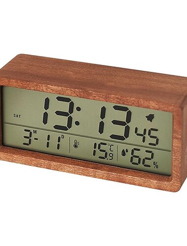  Kreative Holzuhr, digitale Uhr für Temperatur und Luftfeuchtigkeit, Nachtlicht, Bettkopfuhr, LCD-Großbildschirm, Holzwecker mit Schlummerfunktion